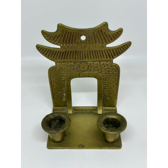 VTG Brass Pagoda-Inspired Double Candle Holder Heavy MCM Decor Style Gold - Picture 2 of 6